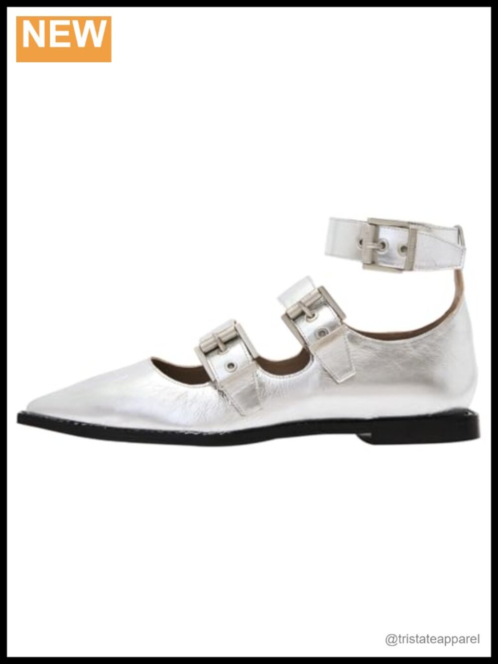 Metallic Leather Pointed Toe Flats with Buckle Closure Adjustable Fit